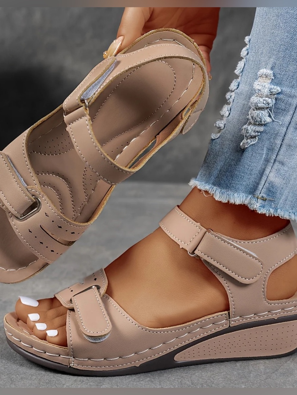 Women’s Comfort Sandals - Nude Beige Velcro Strap
